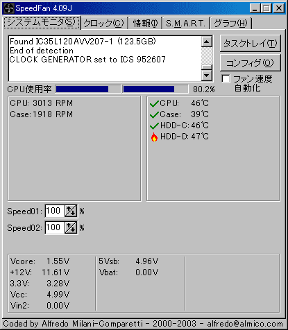 画像：CPU温度46度。ケース内部温度39度。HDD温度1、46度。HDD温度2、47度。
