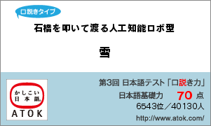 「第3回 全国一斉！日本語テスト “口説き力”判定」の結果、「石橋をたたいて渡る人工知能タイプ」、点数は70点。